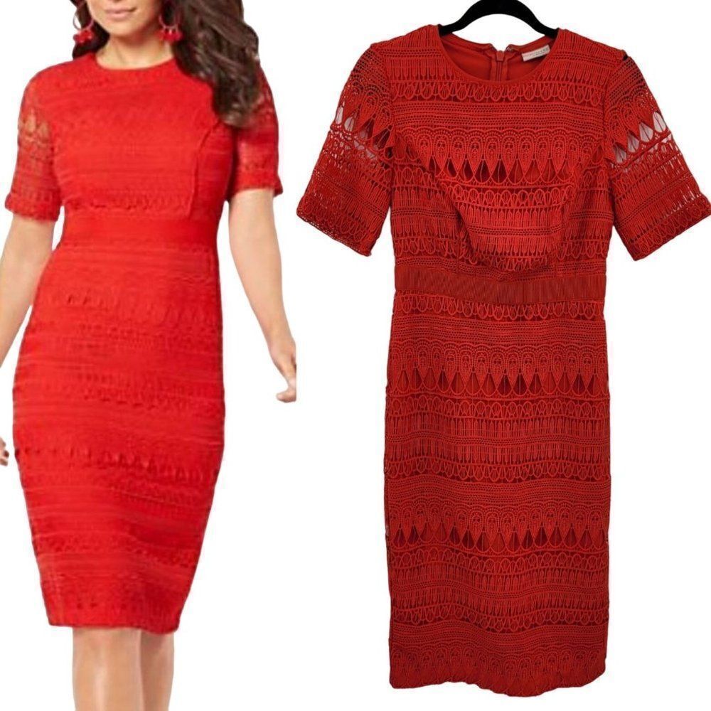 Eva Mendes Sheath Dress S Red Lace Overlay Short Sleeve Modest Cocktail Party